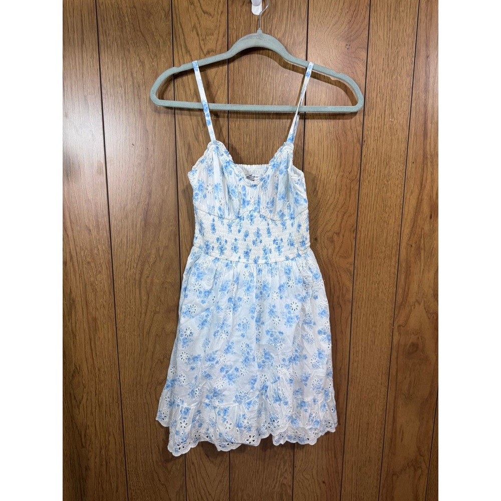 Hollister Blue Floral Eyelet Mini Dress Smocked Bodice Adjustable Straps Small